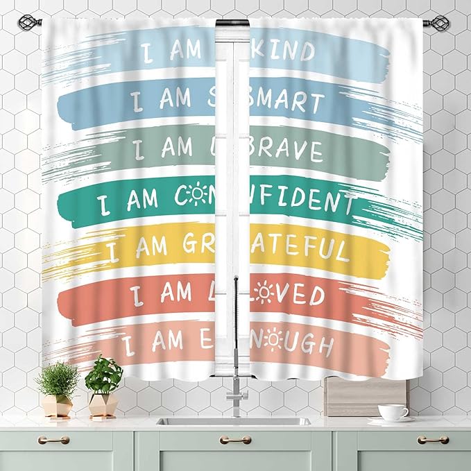 Rainbow Curtains for Classroom, Kids Girls Baby Boho Cute Inspirational Motivational Quotes Cartoon Colorful Pastel Nursery Classroom Bedroom Living Room Bathroom Window Drapes 2 Panels, 55x39 Inch