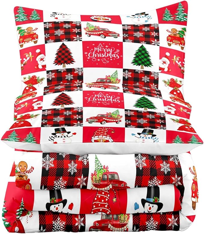 LUVIVIHOME 3PCS Merry Christmas Comforter Set Full Size, Cartoon Cute Funny Santa Claus Snowman Gnome Truck White Red Black Plaid Bedding, Snowflake Xmas Tree Christmas Bedroom Decor, 2 Pillow Shams