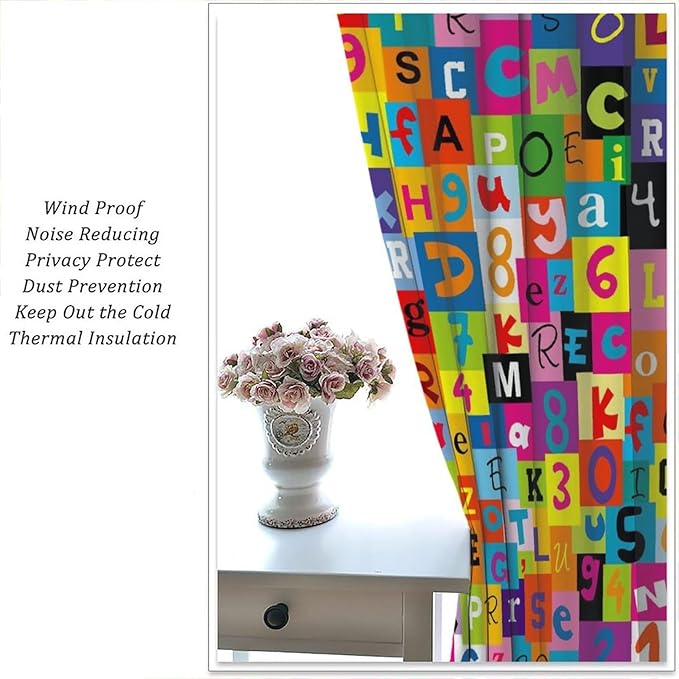 ABC Alphabet Curtains Colorful Art Patchwork Alphabet Graffiti Cartoon Print Curtain with Rod Pocket for Bedroom Living Room Home Decor Drapes Window Treatments 2 Panels Set 63" W X 72" L