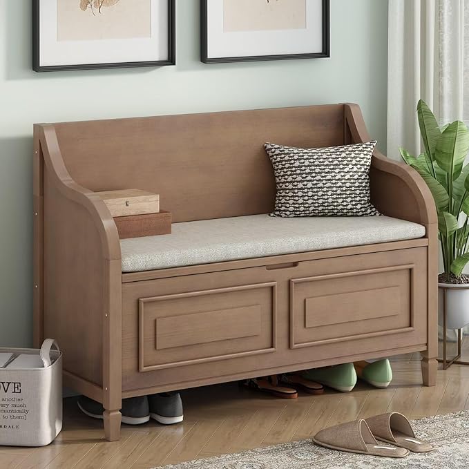 Merax Storage Bench, 41.9” Solid Wood Storage Chest with Backrest and Safety Hinge, Large Storage Space Bench with Upholstered Cushions,Supports 250 lb and Easy Assembly for Small Space, Brown