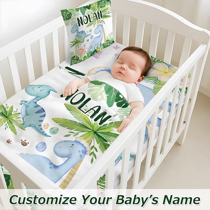 Personalized Baby Crib Bedding Set,3 Piece Custom Name Nursery Set with Blanket, Fitted Sheet & Pillowcase for Baby Girls & Boys, Dino Jungle Theme(Fixed Size)