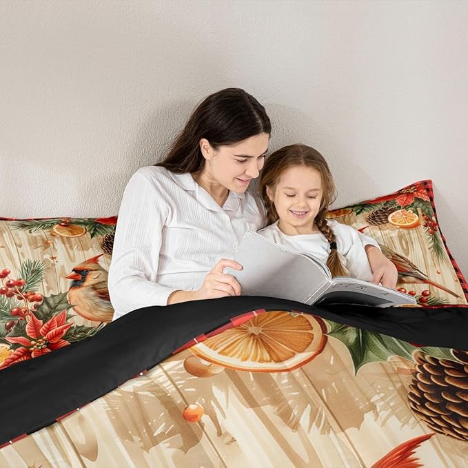 jejeloiu Kids Red Cardinal Comforter Set Queen Size Christmas Red Black Plaid Flower Bedding Set for Boys Girls Teens Xmas Birds Animal Lemon Winter Wood Plank Duvet Quilt Room Decor