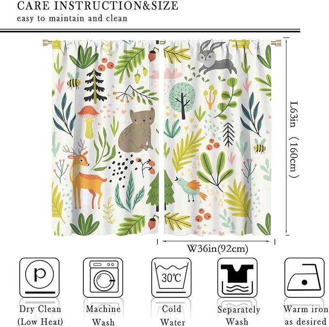 Kid Forest Animal Curtains,Woodland Animal Cartoon Watercolor Forest Hedgehog Fox Toddler Boys Girls Bedroom Living Room Window Drapes 72x63in