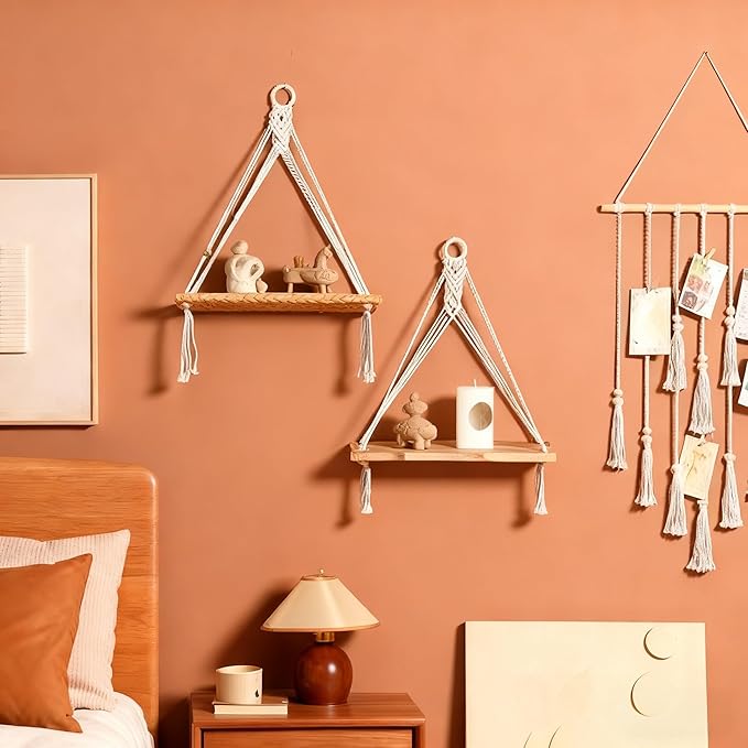 Boho Macrame Hanging Wall Shelves Set of 2 - Rustic Wood Triangular Floating Storage Shelf for Bedroom Bathroom Living Room Nursery Dorm - Boho Room Deco