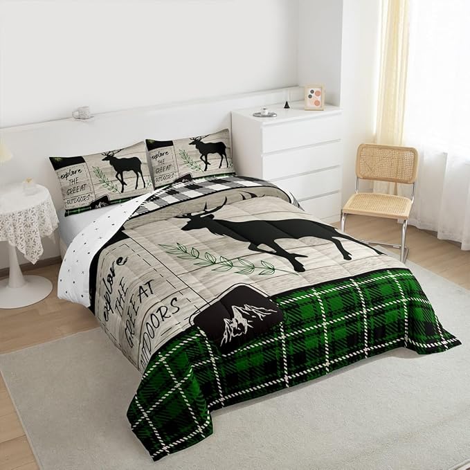 Elk Silhouette Kids Comforter Set Queen Size,Palm Leaves Old Plank Bedding,Girls Boys Adults Bedroom/Xmas Cabin Decor,Camper Explore Down Comforter,Geometric Grids Plaid Duvet Insert,2 Pillowcases