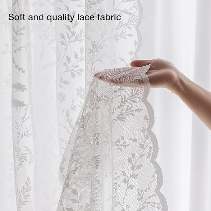 Anmao Vintage Lace Curtains 63 Inches Long 2 Panels Set, Romantic Elegant Light Filtering Semi Sheer Floral Thick Lacy Curtain Drapes for Living Room and Bedroom, Each Panel 55W x 63L, White Leaves