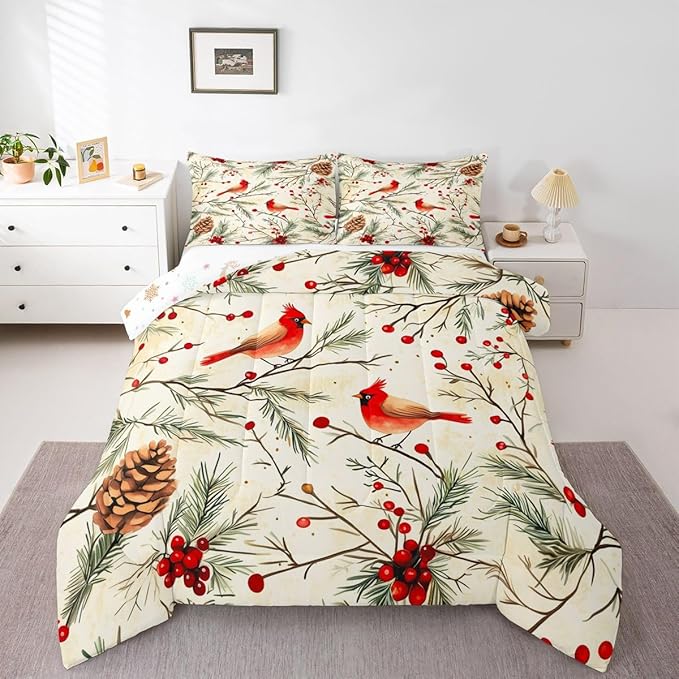 Feelyou Cardinal Bird Kids Comforter Set Toddler Size Pine Branch Bedding Set Red Berry Duvet Quilt for Kids Boys Girls Bedroom Pine Cone Decor Winter Christmas Pattern Ultra Soft Breathable