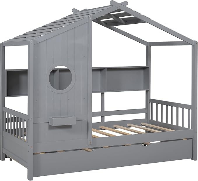 Twin Size House Bed with Roof and Window for Kids, Wooden Playhouse Bed with Storage Shelves and Trundle for Bedroom Furniture Girls & Boys (Grey/T1)
