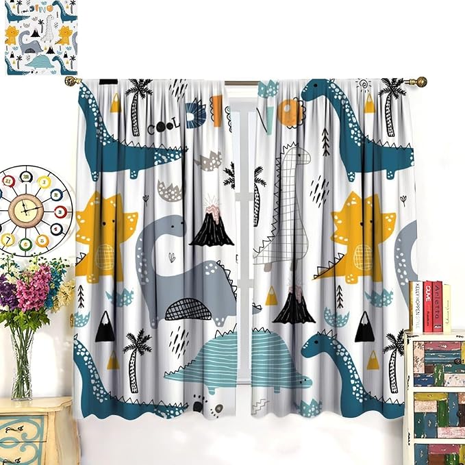 Dinosaur Curtains, Cartoon Dino Cute Safari Animal Print Pattern Window Treatments, Rod Pocket Thermal Insulated Drapes 2 Panel Sets for Kids Boys Bedroom Nursery Classroom, 42" W X 45" L【Decor】