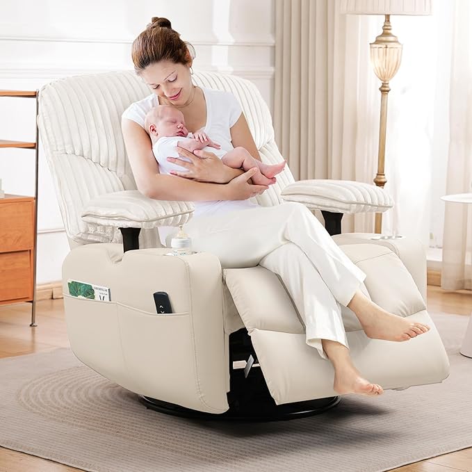 GRAINELL Rocking Chair Nursery, Electric Swivel Recliner Glider with Adjustable Armrests, Nursing Chair with USB Charger, Cup & Blanket Holders, Beige Corduroy & PU Leather