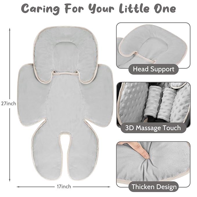2 in 1 Infant Car Seat Insert Head and Body Support Set, Reversible Newborn Insert for Carseat with 3 Extra Strap Paddings, Soft Stroller Cushion Pillow Insert Girls, Fits for Stroller, Swing, Grey