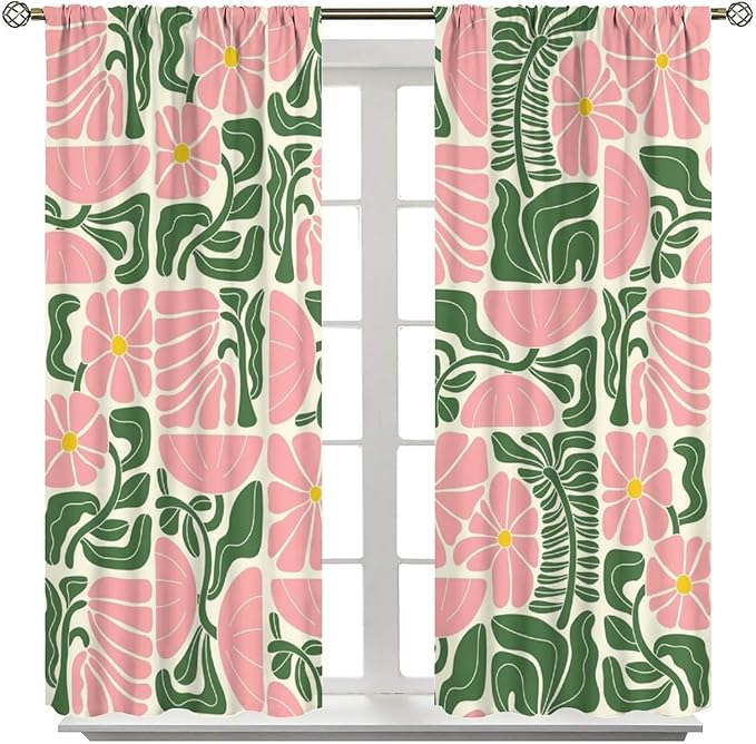 70s Flowers Curtains,Retro Geometric Boho Vintage Botanical Green Pink Flower Curtain for Bedroom Living Room Bathroom Window Curtains,70s Mid Century Flowers Window Treatments 52" W X 84" L