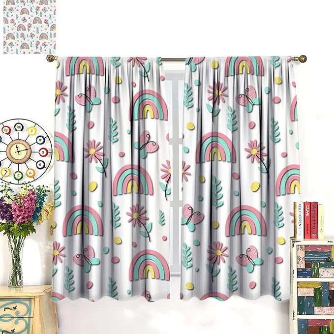 Kids Rainbow Curtains Boho Cartoon Colorful Stars Love Heart Lovely Abstract Art Pattern Print Window Drapes for Girl Bedroom Living Room Kitchen Decor,2 Panel Set,42Wx54H Inch Blackout