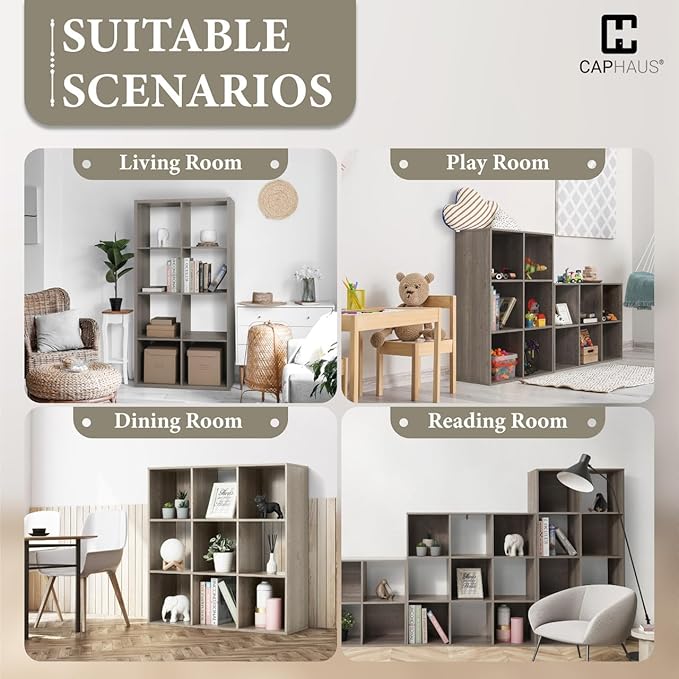 CAPHAUS Sturdy Room 11-Inch Cube Storage Organizer Shelf, with Thick Exterior Edge, Shelf Divider w/Back, Bookcase, 6-Cube / 8-Cube 9-Cube, Colors Available in Rustic Grey Oak and White