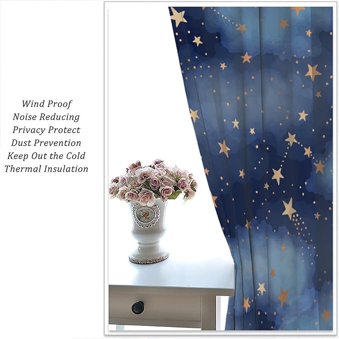 Starry Sky Blackout Curtains, Starry Scenery Blue Night Sky Stars Window Drapes for Kids Boys Girls Bedroom Living Room 42" W X 63" L