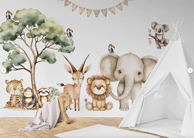 Safari Jungle Wall Stickers – Safari Animals Wall Decals for Nursery – Kids Room Wall Art – Removable Vinyl Stickers for Baby Room Decor – Giraffe Elephant Lion Wall Mural (Set1+2)