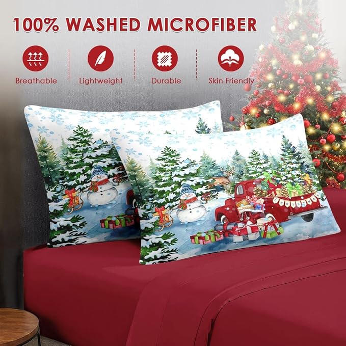 7 Pcs Queen Size Christmas Comforter Set with 2 Pillowcases & 2 Shams, Red Vintage Truck Snowman Bedding for Kids and Adults, Winter Snow Forest Elk Bed in a Bag with Flat Fitted Sheet