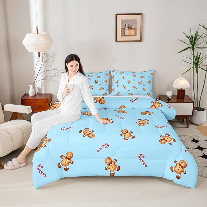 jejeloiu Kids Cute Gingerbread Man Comforter Set Twin Size Christmas Theme Bedding Set for Boys Girls Teens Xmas Candy Cane Happy New Year Duvet Quilt Room Decor