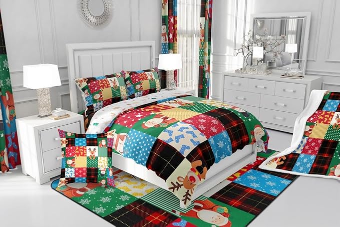 Feelyou Patchwork Christmas Bedding Set Soft for Boys Girls, Santa Claus Reindeer Comforter Set Toddler Size Snowman Duvet Quilt Microfiber Snowflake Bedroom Decor 2 Pcs with 1 Pillow Cases