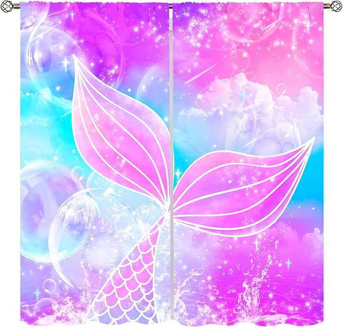 Suitable for Girls Mermaid Curtains, Rainbow Pink Purple Mermaid Tail Fish Scales Fantasy Ocean Print Curtains for Living Room Children Baby Room Nursery, 84x84 Inches