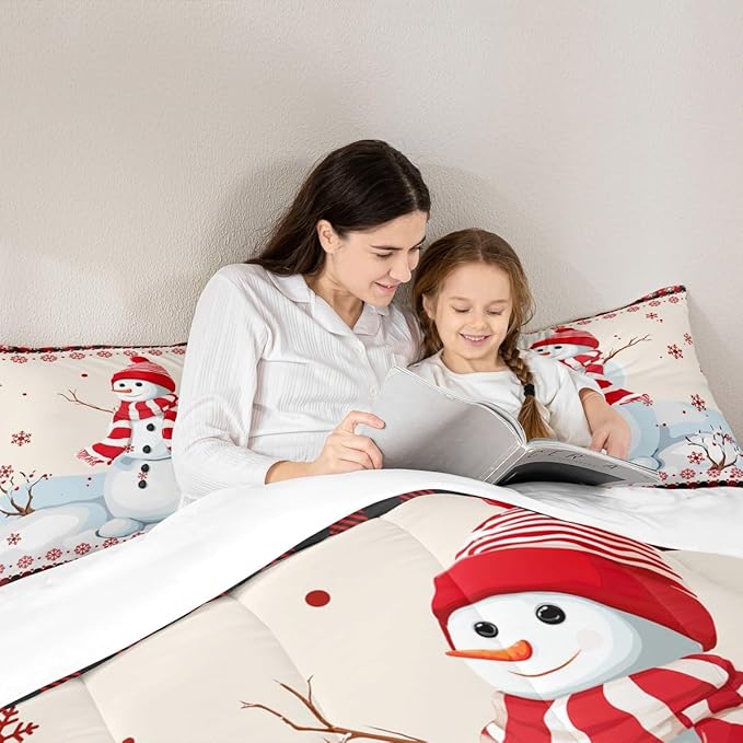 Kids Snowman Christmas Comforter Set King Size,Snowflake Romantic Bedding,Girls Boys Adults Bedroom/Xmas Cabin Decor,Geometric Grid Lattice Down Comforter,Rustic Farmhouse Duvet Insert,2 Pillowcases