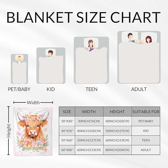 Custom Highland Cow Gifts for Women - 60" x 80" Inches Highland Cow Throw Blanket for Adults - Pink Soft Fuzzy Blankets for Sofa, Bed & Living Room