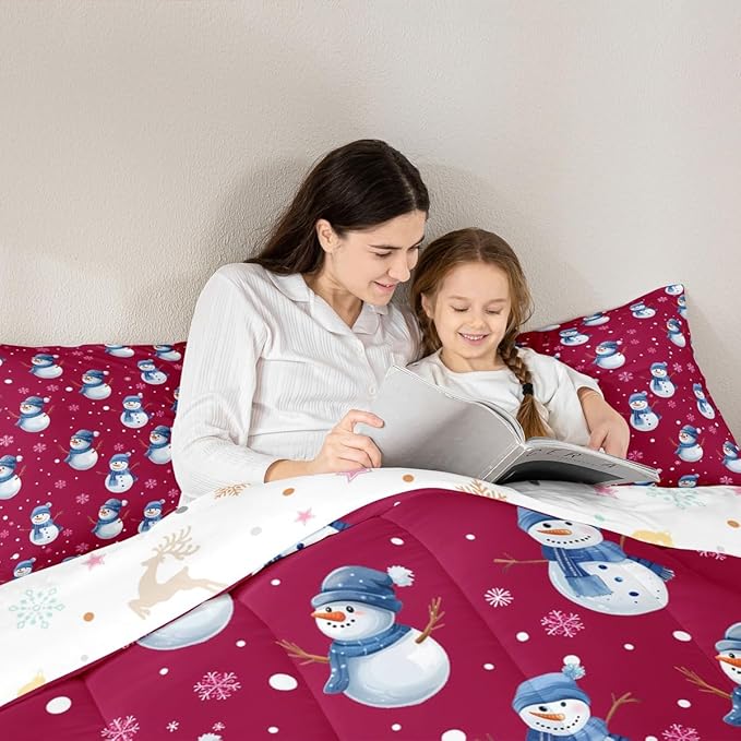 jejeloiu Kids Cute Winter Snowman Comforter Set Full Size Red Christmas Theme Bedding Set for Boys Girls Teens Xmas Snowflake Happy New Year Duvet Quilt Room Decor