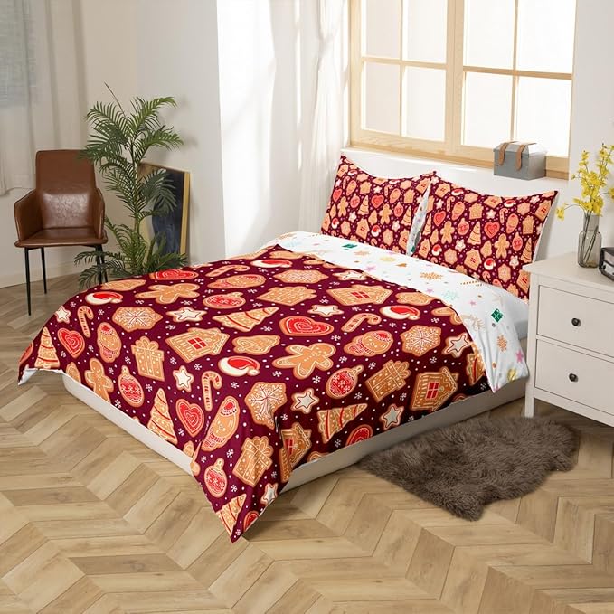 Christmas Duvet Cover Boys Christmas Gingerbread Man Bedding Set for Kids Teens Ultra Soft Snowflake New Year Comforter Cover Set Xmas Theme Bedspread Cover Room Decor Queen Size Bedclothes Zipper