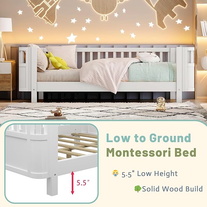 Twin Kids Floor Bed Frame with Rails, Wood Low Montessori Platform Bed with Slats Support, Modern Daybed with Detachable Side Rails, Kids Beds for Boys Girls Bedroom, White