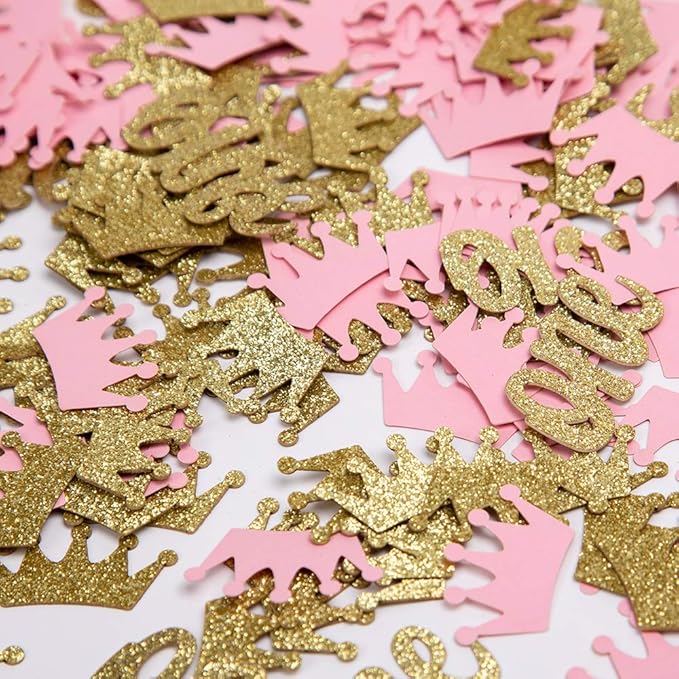 Glitter Crown Confetti Pink and Gold One Table Scatter for Princess Girl First Birthday,Baby Shower Party Decorations