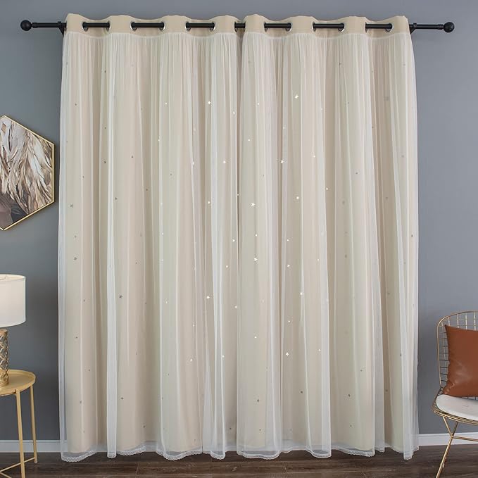 Kinryb Blackout Curtains for Girl Bedroom/Living Room/Classroom, Sheer Overlay 63 Inches 2 Panel Set, Double Layer Curtains with Star Cutout for Kids Room(W 52 x L 63 Inches,Beige 2 Pcs)