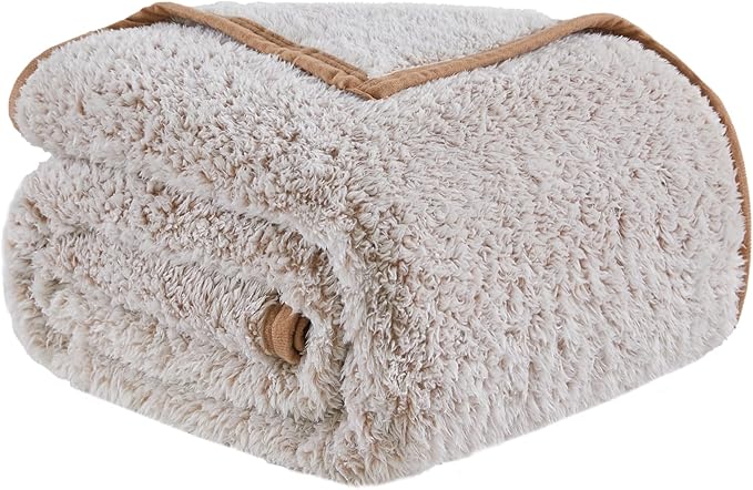 EMME Soft Sherpa Fleece Blanket Reversible Plush Fluffy Large Blanket, Light Weight Warm Decorative Boho Blanket Cover for Sofa, Couch, Bedroom,Travel(Khaki,108"x90")