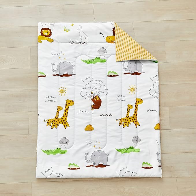 Flysheep 4 Piece White Toddler Bedding Set for Baby Girls and Boys, Cute Animals Printed - Includes Quilted Comforter, Flat Sheet, Fitted Sheet & Pillow Case, Soft Microfiber