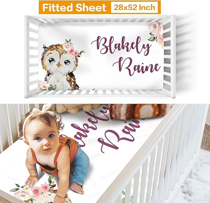 Custom Crib Bedding Set - Owl Design Personalized Name Baby Nursery Bedding 3 Pcs Set - Chic Soft Blanket, Sheet, Pillowcase for Newborns Boys Girls Gifts Color12