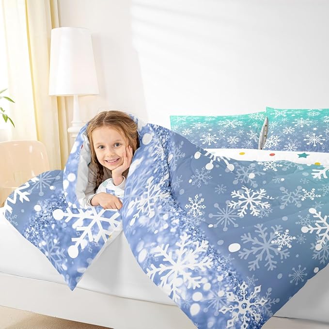Feelyou Winter Snowflake Kids Comforter Set Full Size Christmas Bedding Set Winter Holiday Duvet Quilt for Kids Boys Girls Bedroom New Year Decor Microfiber Ultra Soft Breathable