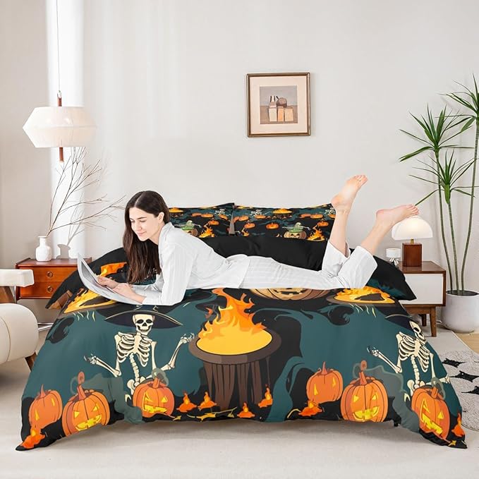 Feelyou Halloween Bedding Set for Kids Horror Skull Skeletons Comforter Cover Set Ghost Duvet Cover Pumpkin Lantern Bats Pattern Bedroom Decor Bedspread Cover Full Size Bedding Collection 3Pcs