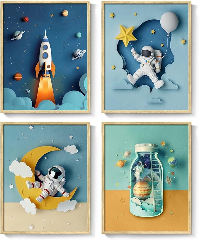 Framed Space Astronaut Wall Art for Boys Room, 4 Piece Cool Space Themed Canvas Wall Art Prints for Nursery, Rocket Artwork for Kids Room, Bedroom, Baby Room, Playroom, 12x16 Inch