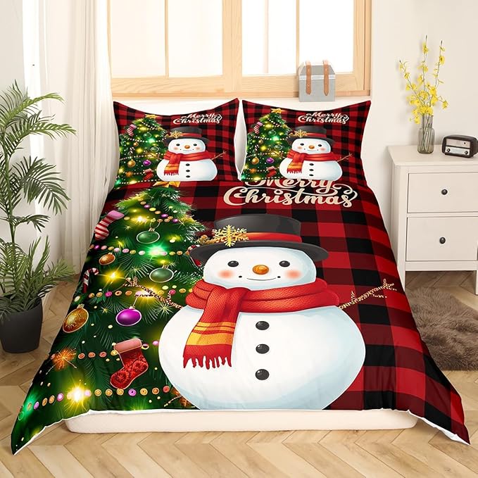 Manfei Christmas Duvet Cover Set Full Size, Snowman Christmas Tree Comforter Cover with 2 Pillowcases, Red Plaid Grid Print Bedding Set 3pcs for Kids Boys Girls Room Decor,No Comforter