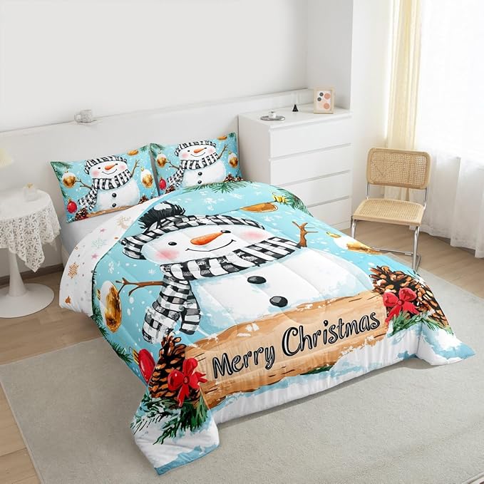 Feelyou Merry Christmas Comforter Set Toddler Size Cute Snowman Bedding Set for Kids Boys Girls Snowflake Duvet Quilt Winter Bedroom Decor Microfiber 2 Pcs with 1 Pillow Cases