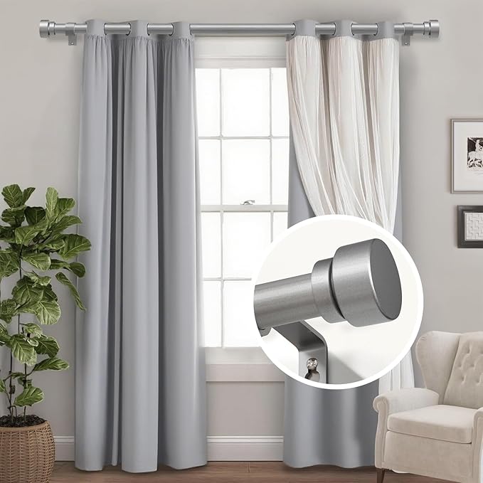 Modern Silver Curtain Rods for Windows 28 to 48 Inches Adjustable Length Heavy Duty 1" Diameter Window Curtain Rod with Decorative Finials for Outdoor Bedroom Kitchen Living Room