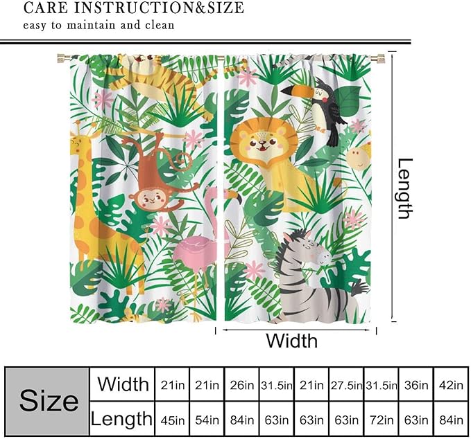 Jungle Animals Curtains Cartoon Cute Lion Giraffe Monkey Zebra Woodland Art Printed for Children Girls Boys Bedroom Nursery Rod Pocket Decoration Window Drapes 2 Panels W21xL45in