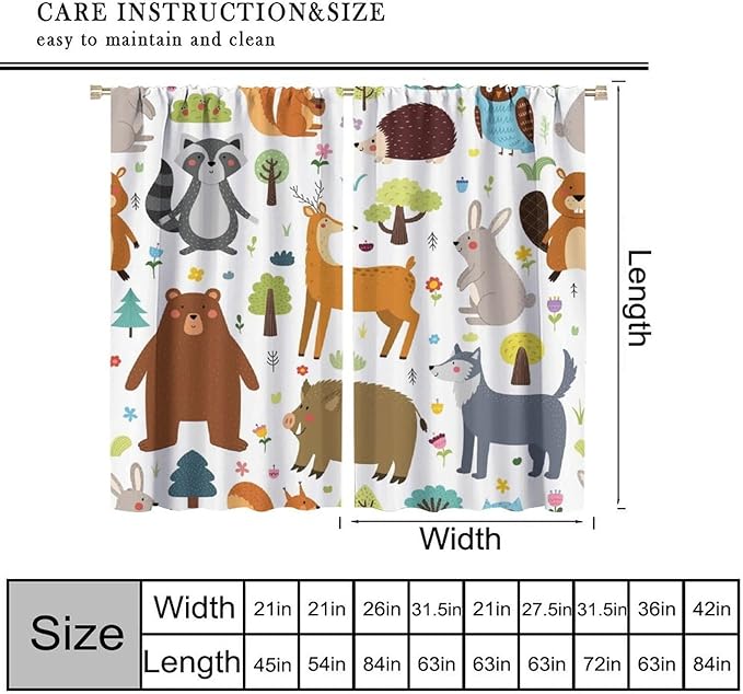Forest Animals Kids Blackout Curtains Cartoon Cute Bear Deer Squirrel Owl Hedgehog Modern Art Print for Boys Girls Bedroom Living Room Nursery Rod Pocket Decoration Window Drapes 2 Panels W31.5xL72in