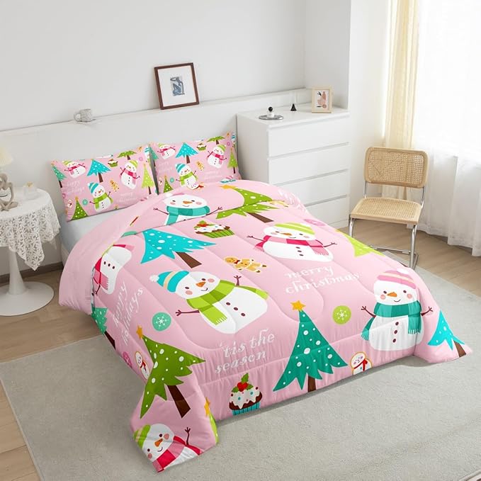 Erosebridal Merry Christmas Comforter Set for Kids,Pink Xmas Decor Bedding Set Queen Size,Cartoon Snowman Quilts Christmas Tree Down Comforter for Girls Boys Teens Bedroom Decor