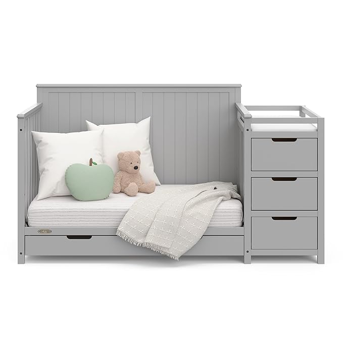 Graco Hadley 5-in-1 Convertible Crib & Changer (Pebble Gray) – GREENGUARD Gold Certified, Fits Standard Crib Mattress, Converts to Toddler Bed and Full Bed, 4 Adjustable Mattress Heights
