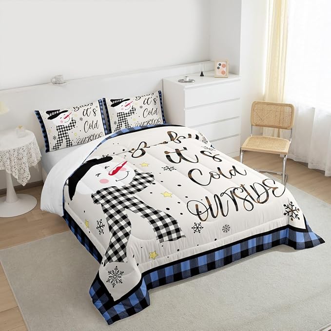 Christmas Snowman Kids Comforter Set Twin Size,Snowflake Christmas Holiday Bedding Set,Girls Boys Adults Xmas Decor,Geometric Grids Lattices Down Comforter,Blue Rustic Duvet Insert,1 Pillowcase