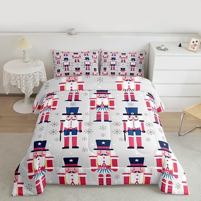 Feelyou Cute Nutcracker Comforter Set Full Size Christmas Ornaments Bedding Set for Kids Boys Girls Xmas Snowflake Duvet Quilt Soldier Bedroom Decor Kawaii Microfiber 3 Pcs with 2 Pillow Cases
