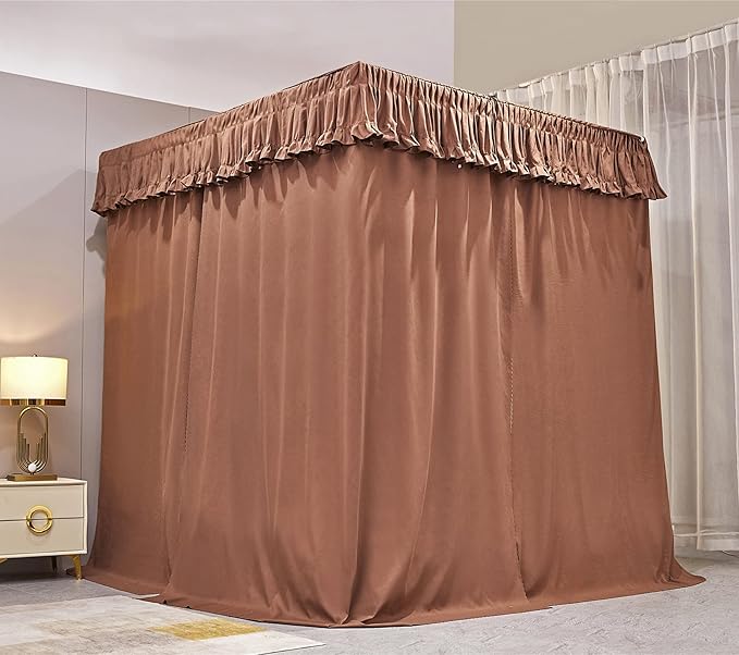 VETHIN Elastic Roof Style Four Corner Post Princess Bed Canopy Curtains Cozy Breathable Tent Canopy Mosquito Net for Girls & Adults Bedroom Decoration (Brown, 59-64" W*82" L*82"*H/(Queen))