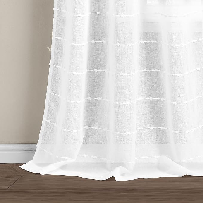 Lush Decor Farmhouse Textured Grommet Sheer Window Curtain Panel Pair, 38"W x 108"L, Bleach White