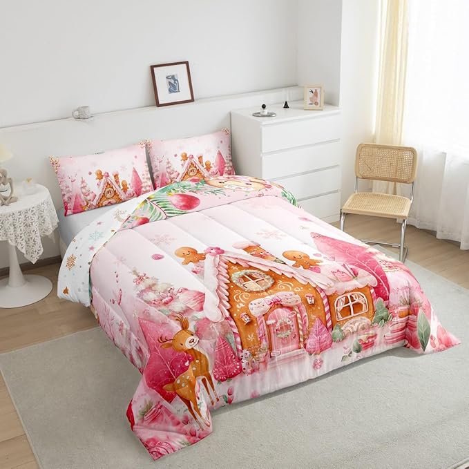 jejeloiu Kids Christmas Theme Comforter Set Queen Size Cute Deer Gingerbread Man Bedding Set for Boys Girls Teens Pink Xmas Tree Candy House Winter Snowflake Duvet Quilt Room Decor