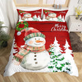 Merry Christmas Duvet Cover Set Queen Size, Cute Snowman and Xmas Tree Print Comforter Cover with 2 Pillowcases, Red Wooden Stripe Print Bedding Set 3pcs for Kids Girls Bedroom Decor,No Comforter